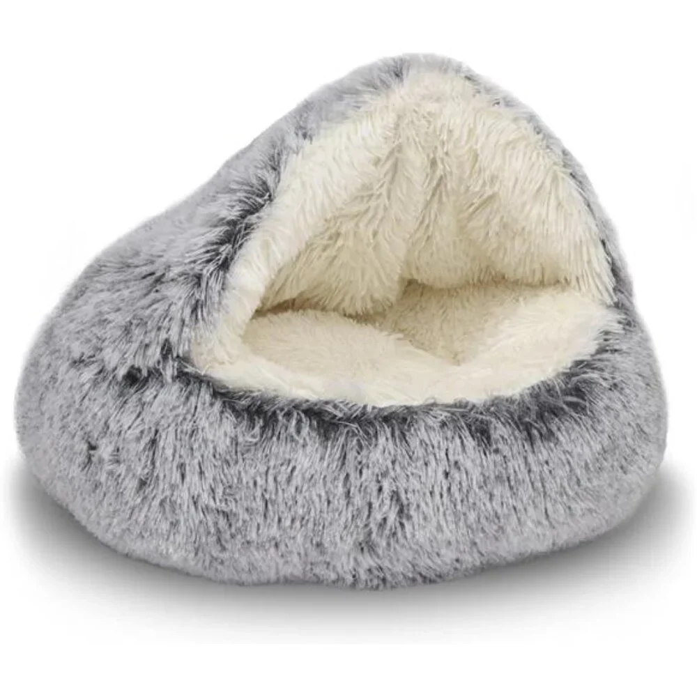 Cat Bed Small Dog Bed Round Plush Hooded Cave Anti Anxiety Cozy Indoor Pet Bed